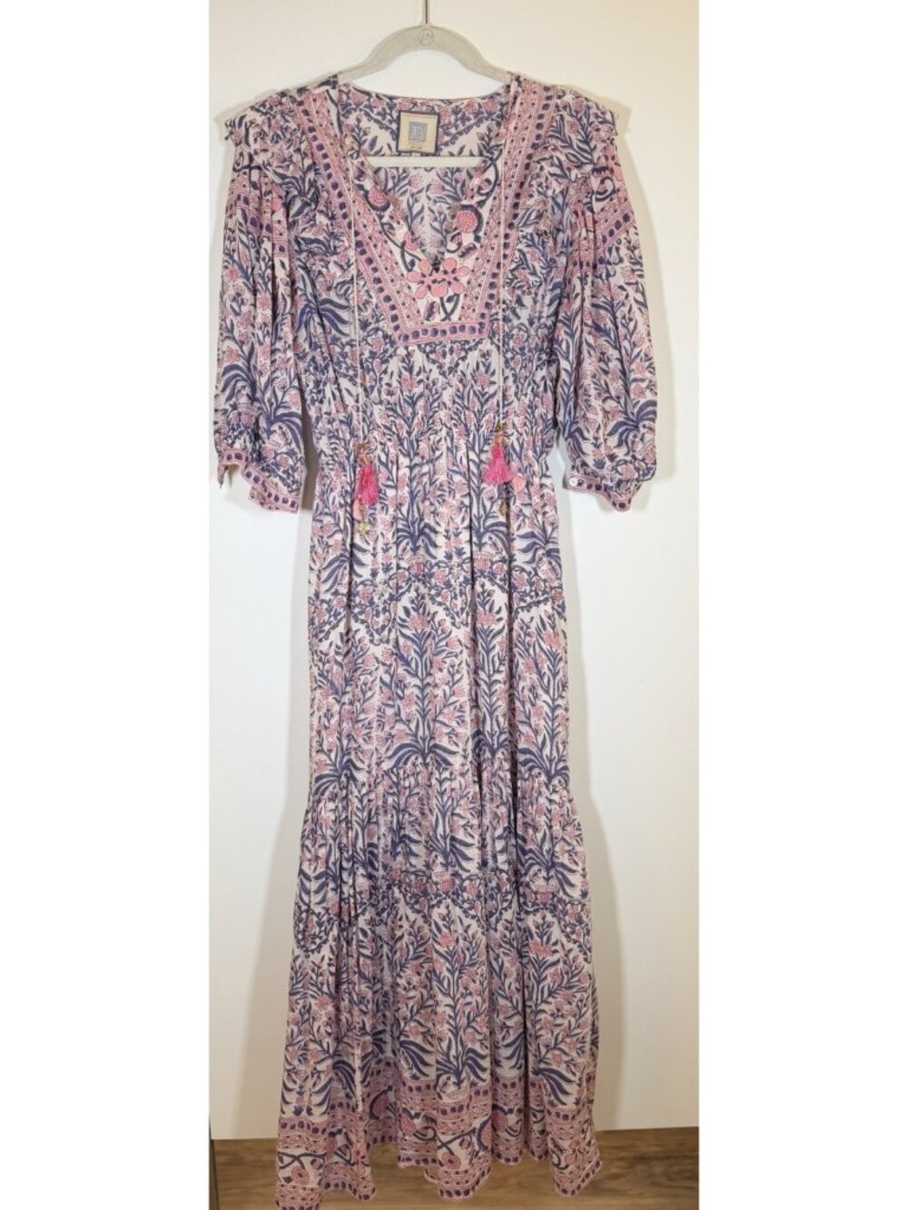 Pink & Navy Floral Maxi Dress with Tassel Tie